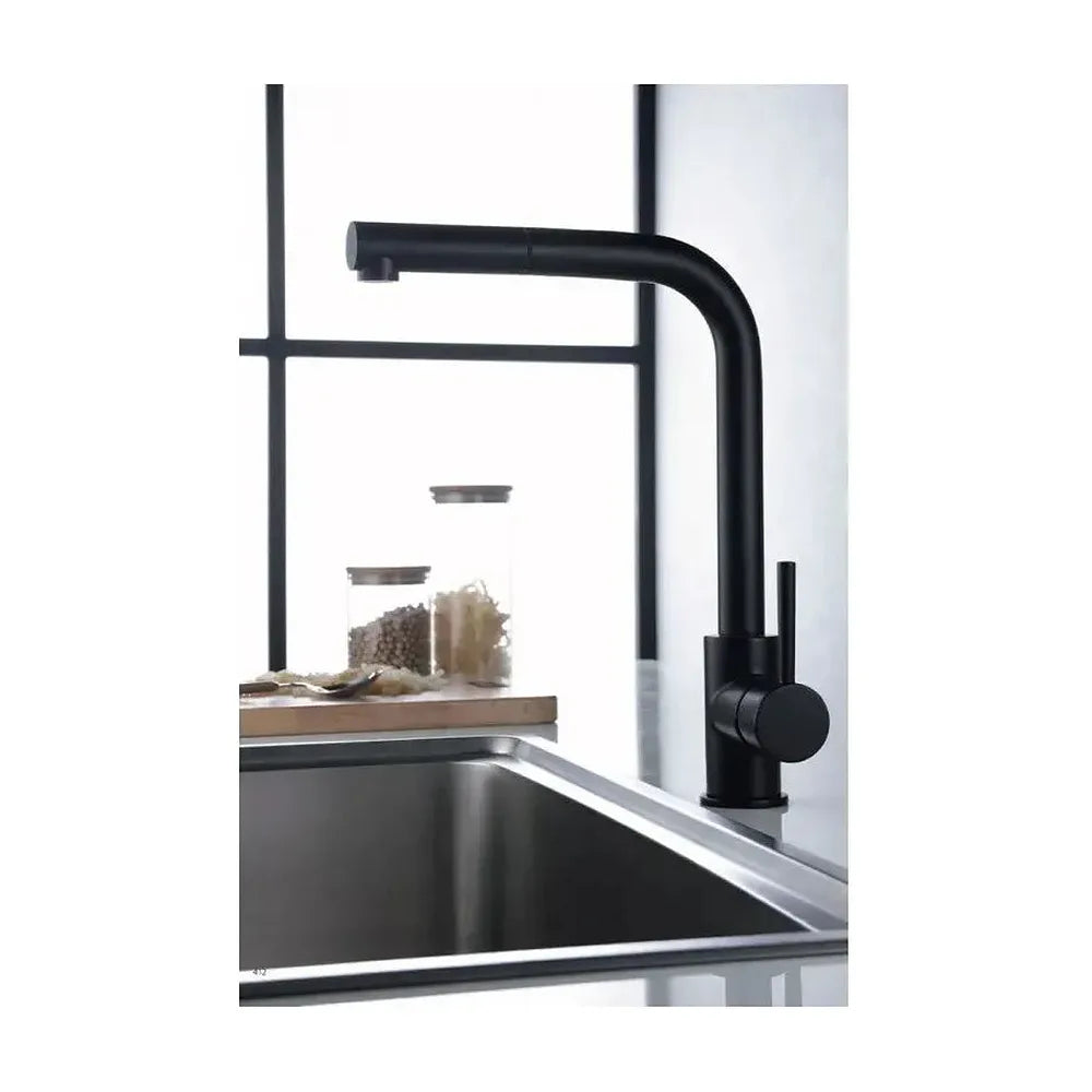 Vista lateral y perspectiva de Grifo de cocina Malta negro mate de Imex