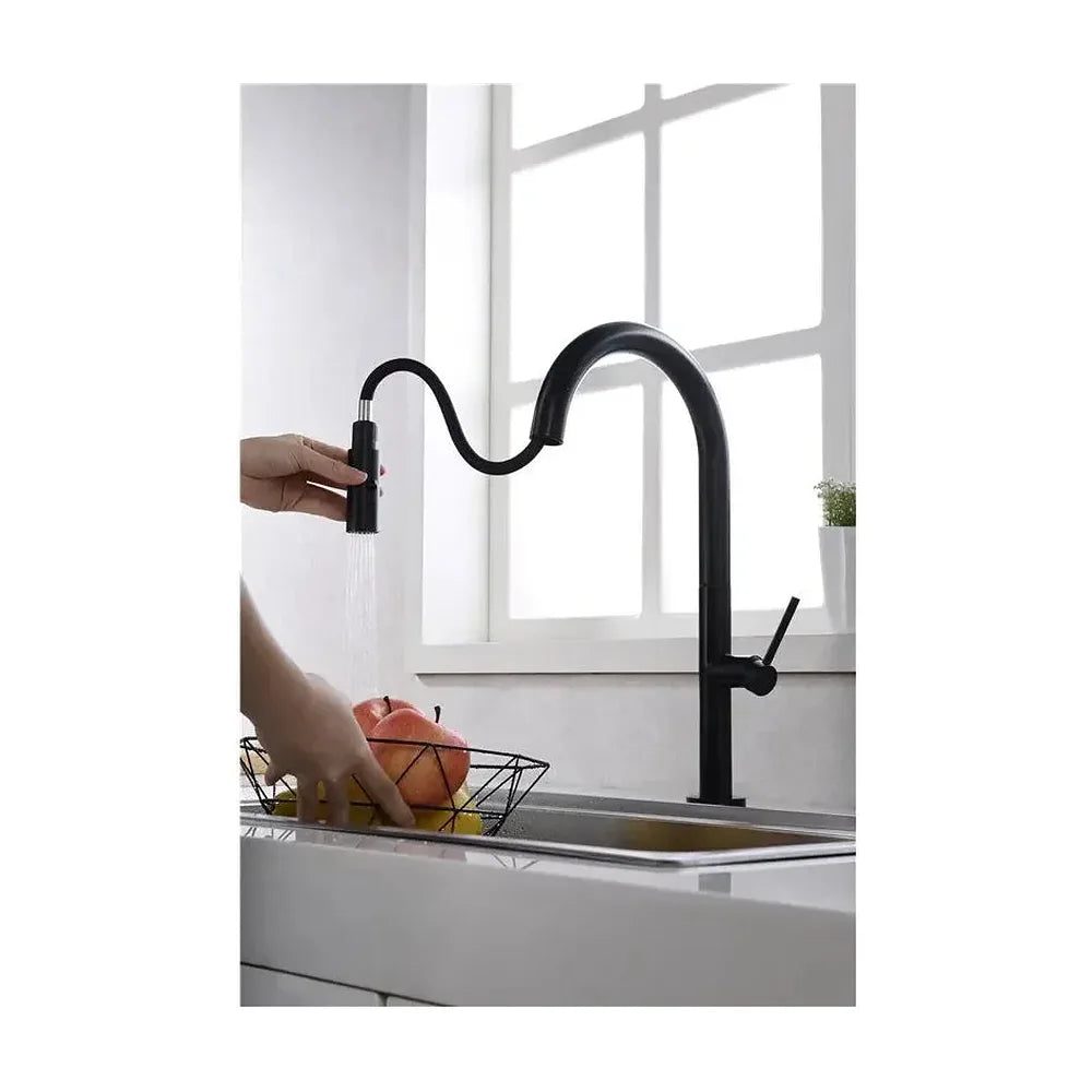 Vista principal de Grifo de cocina monomando de caño alto fabricado en latón en negro mate Samoa de Imex