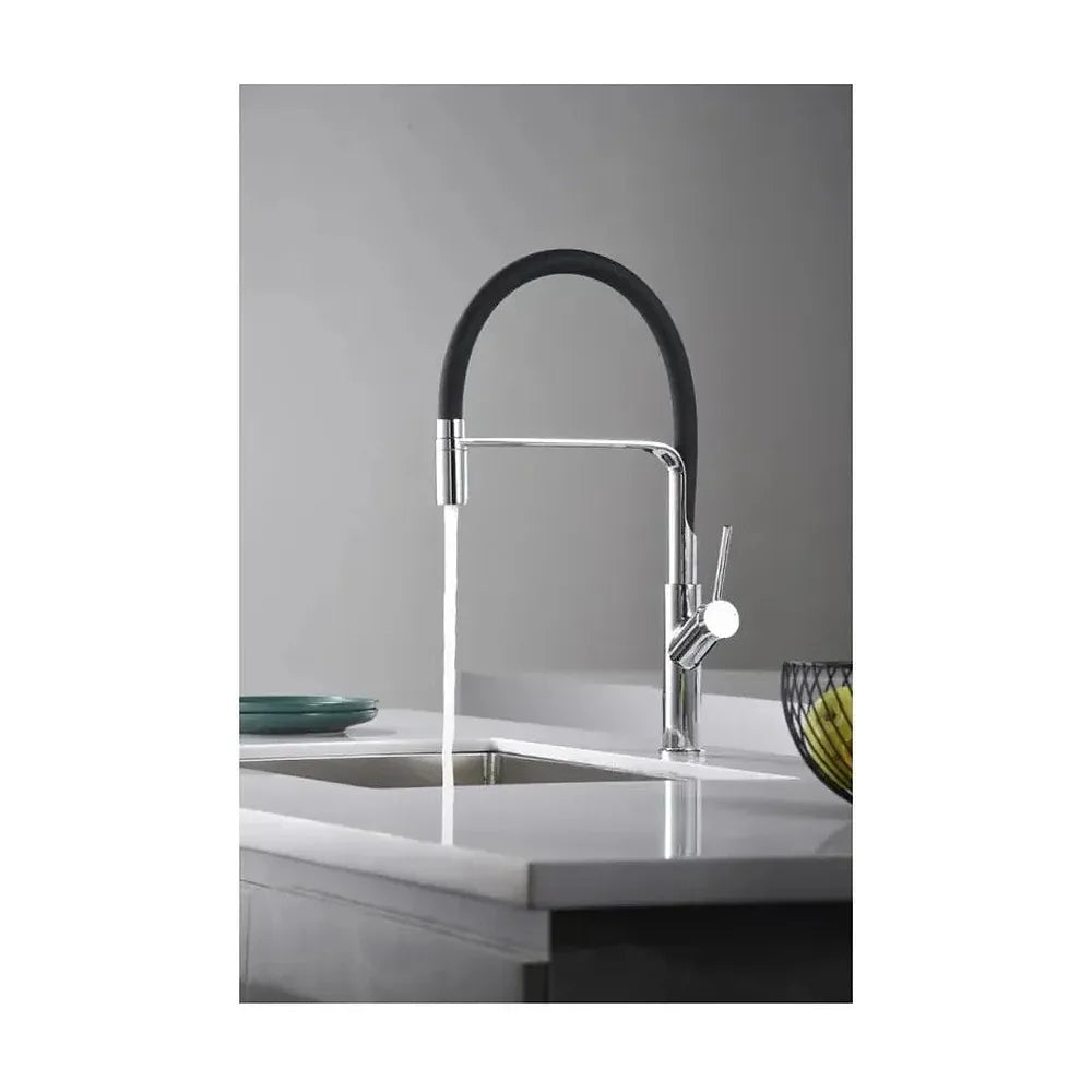 Vista principal de Grifo de cocina monomando de caño flexible con acabado negro mate y cromado Sena de Imex