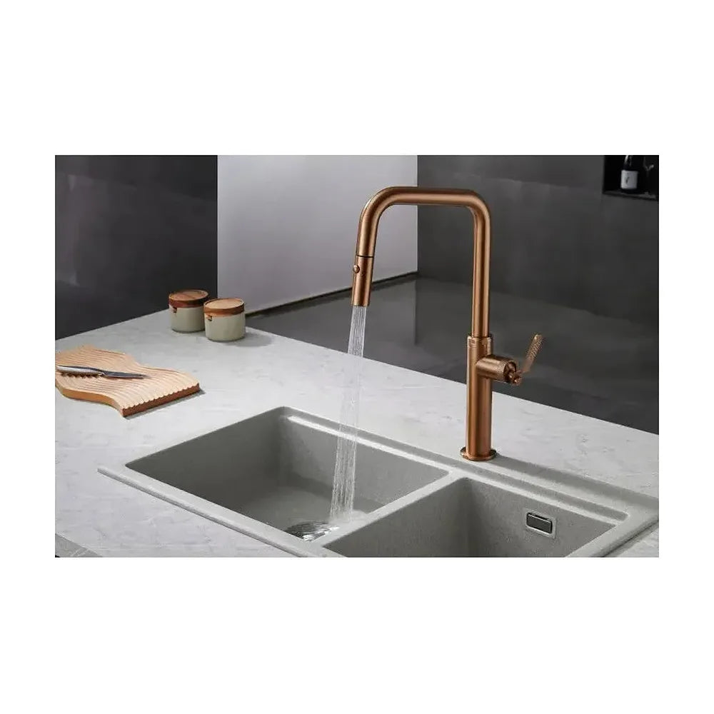 Vista principal de Grifo de cocina monomando extraíble con difusor doble jet de acabado oro rosa cepillado Niza de Imex