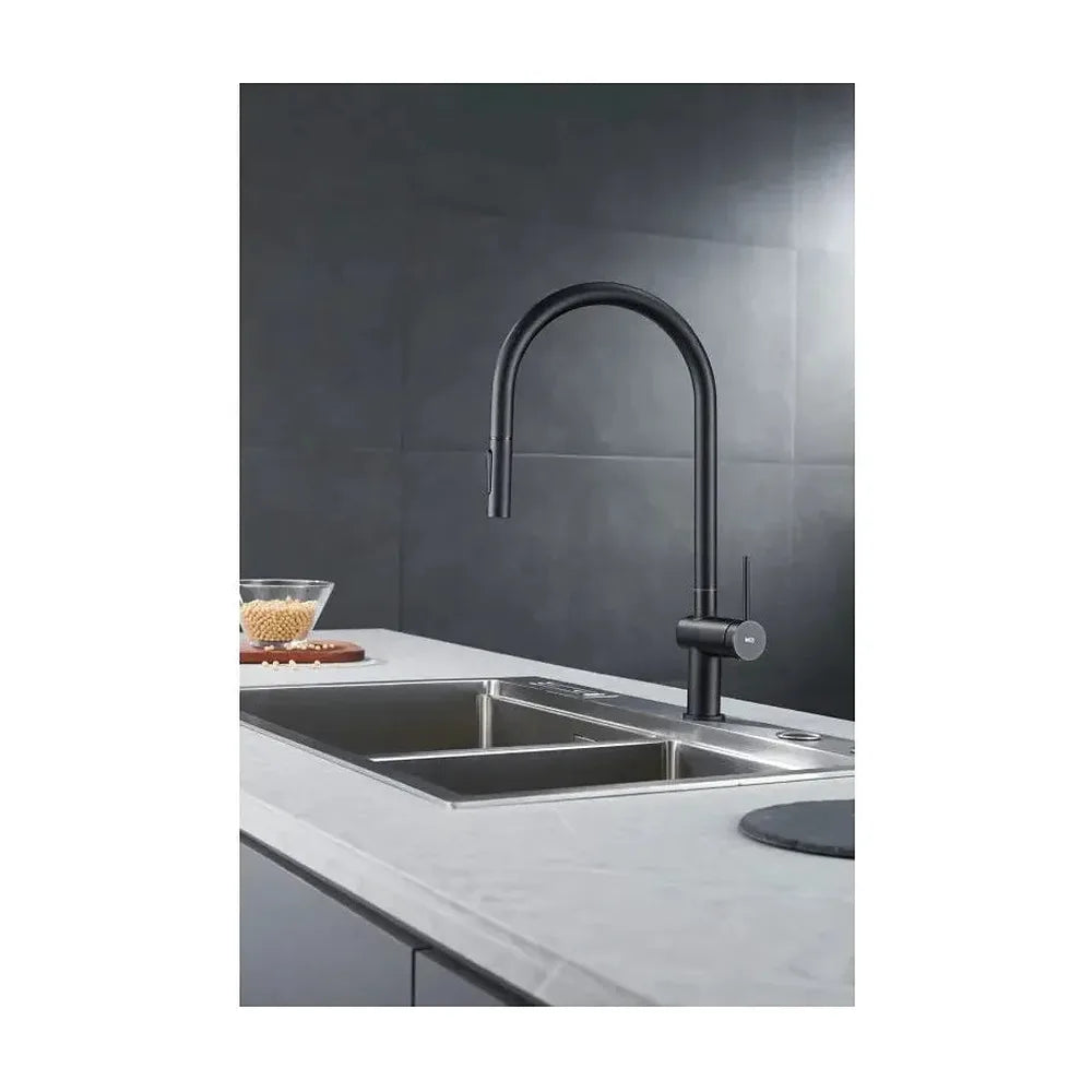 Vista principal de Grifo de cocina monomando extraíble con difusor doble jet de acabado negro mate Berna de Imex