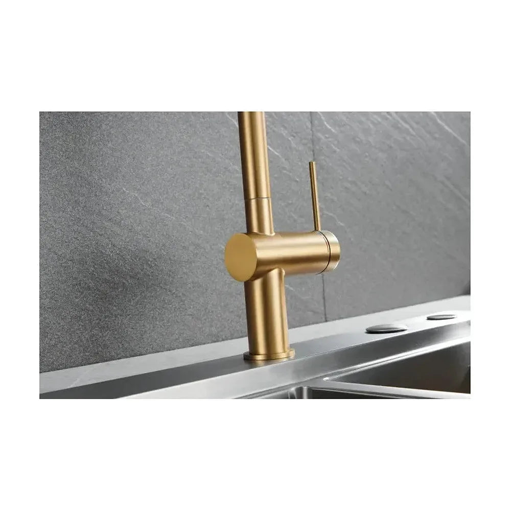 Detalle de funcionamiento de Grifo de cocina monomando extraíble con difusor doble jet de acabado oro cepillado Berna de Imex