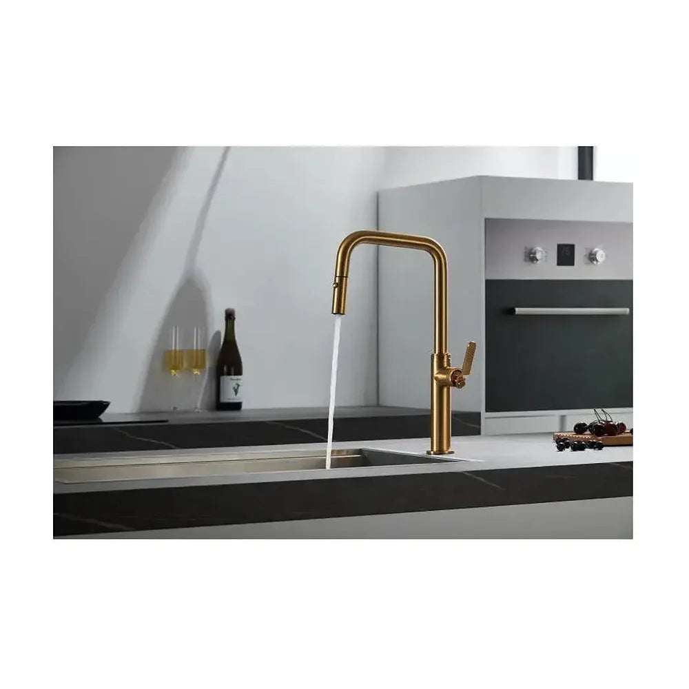 Vista principal de Grifo de cocina monomando extraíble con difusor doble jet de acabado oro cepillado Niza de Imex