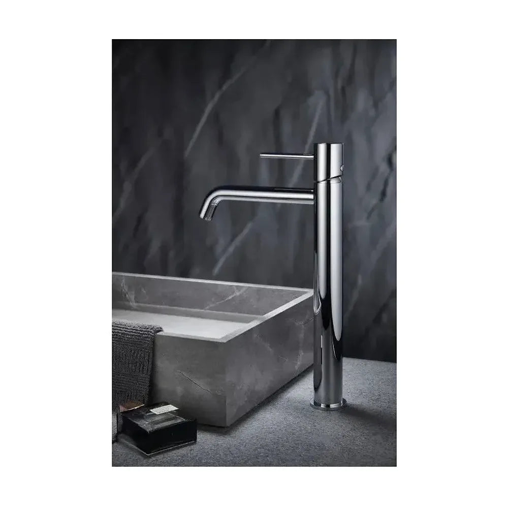 Vista lateral y perspectiva de Grifo de lavabo alto cartucho cerámico de 25 mm fabricado en latón cromado Monza de Imex