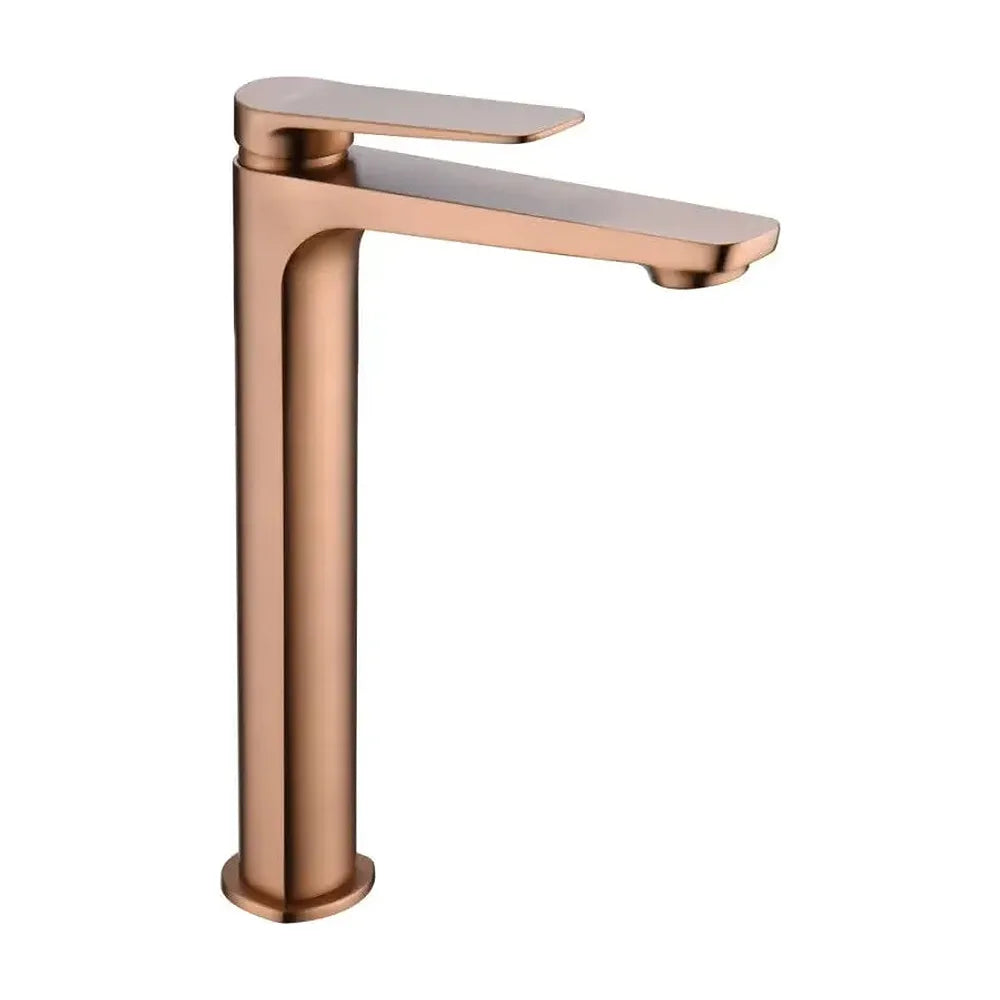 Grifo monomando con caño alto para lavabo fabricado en latón con acabado oro rosa cepillado Napoles de Imex Imex