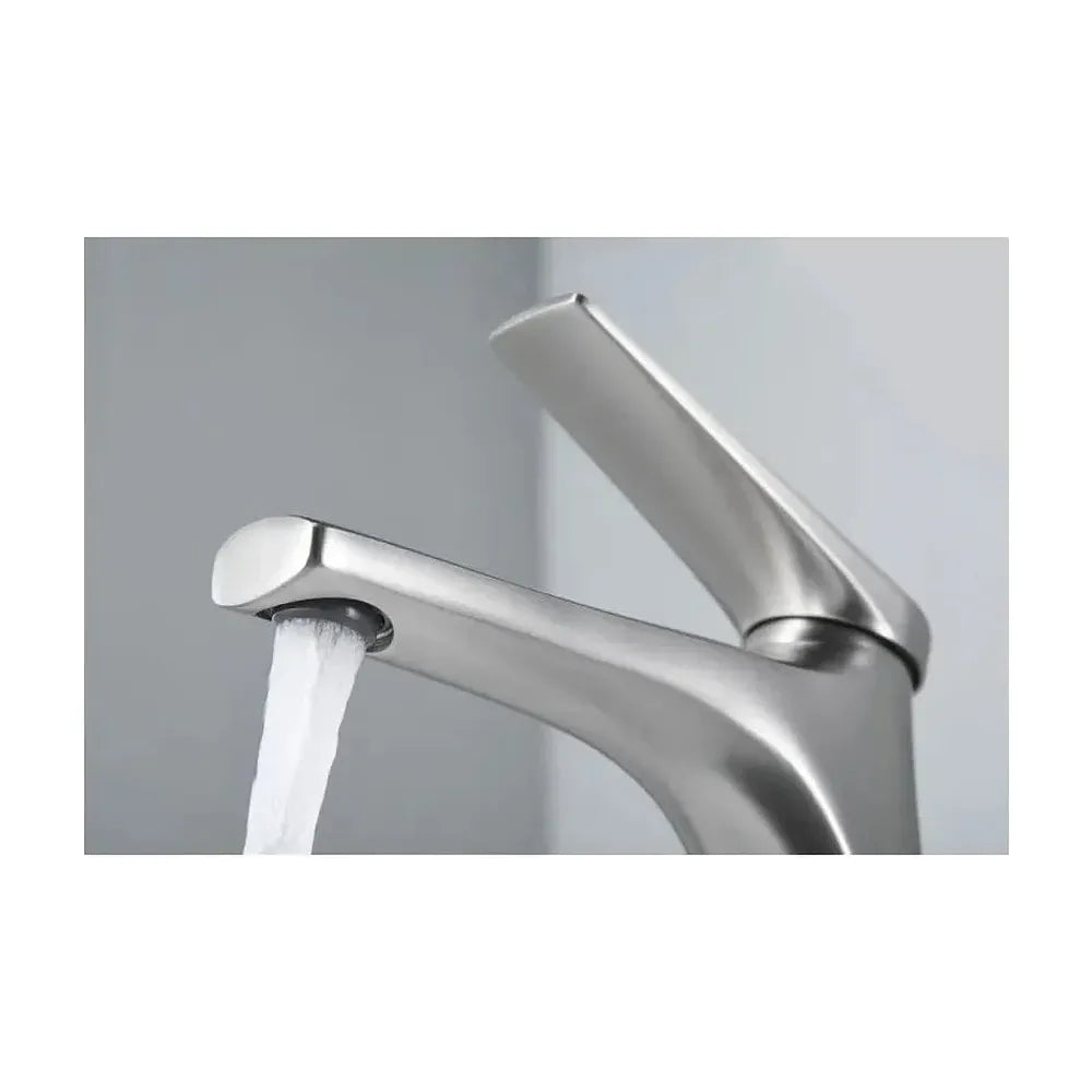 Vista principal de Grifo monomando con caño alto para lavabo hecho de acero inoxidable con acabado satinado Delos de Imex