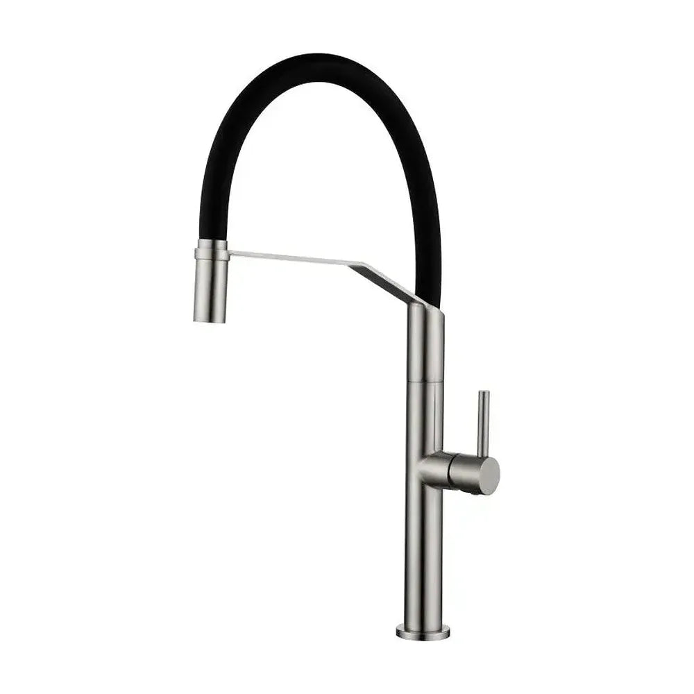 Grifo monomando de cocina flexible con cuerpo de acero inoxidable acabado satinado y negro mate Deva de Imex Imex