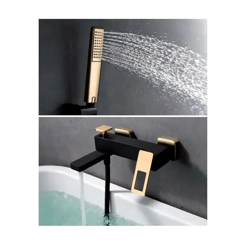 Vista principal de Grifo monomando de pared para bañera o ducha de diseño moderno con un acabado negro oro Suecia de Imex