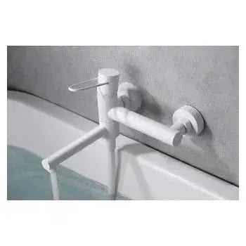 Vista lateral y perspectiva de Grifo monomando de pared para bañera fabricada en latón de acabado blanco mate Milos de Imex