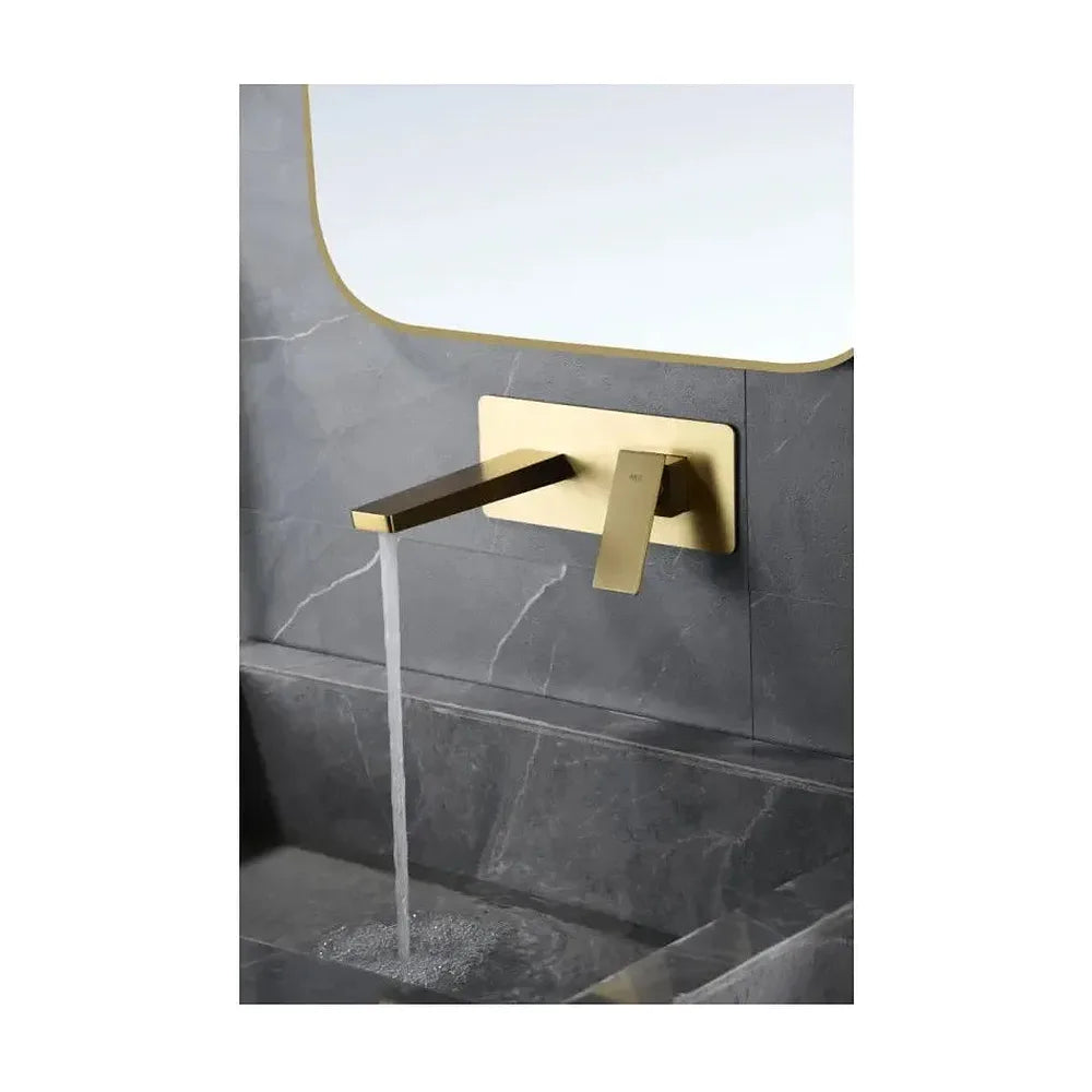 Vista lateral y perspectiva de Grifo monomando empotrado para lavabo hecho de latón con acabado oro cepillado Pisa de Imex