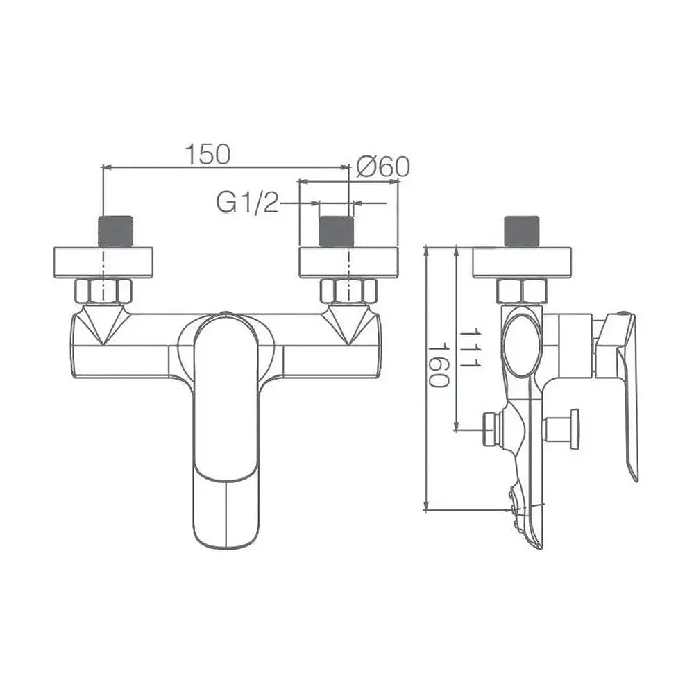 Plano de medidas y cotas técnicas de Grifo monomando para bañera y ducha fabricada en latón de acabado negro mate Ural de...