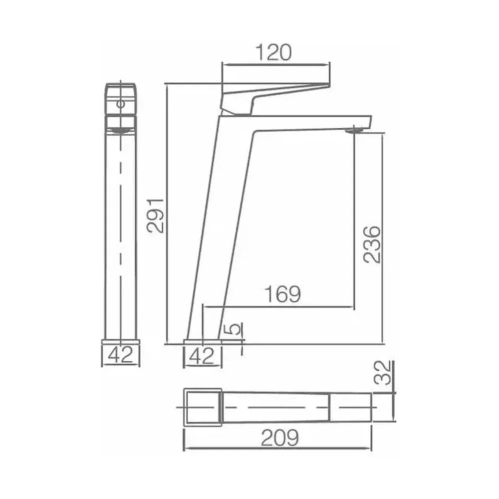 Vista lateral y perspectiva de Grifo monomando para lavabo con caño alto hecho de latón con acabado negro metalizado Art...