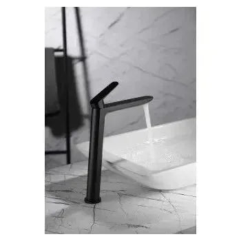 Vista lateral y perspectiva de Grifo monomando para lavabo con un diseño de caño alto de acabado negro mate Belgica de Imex