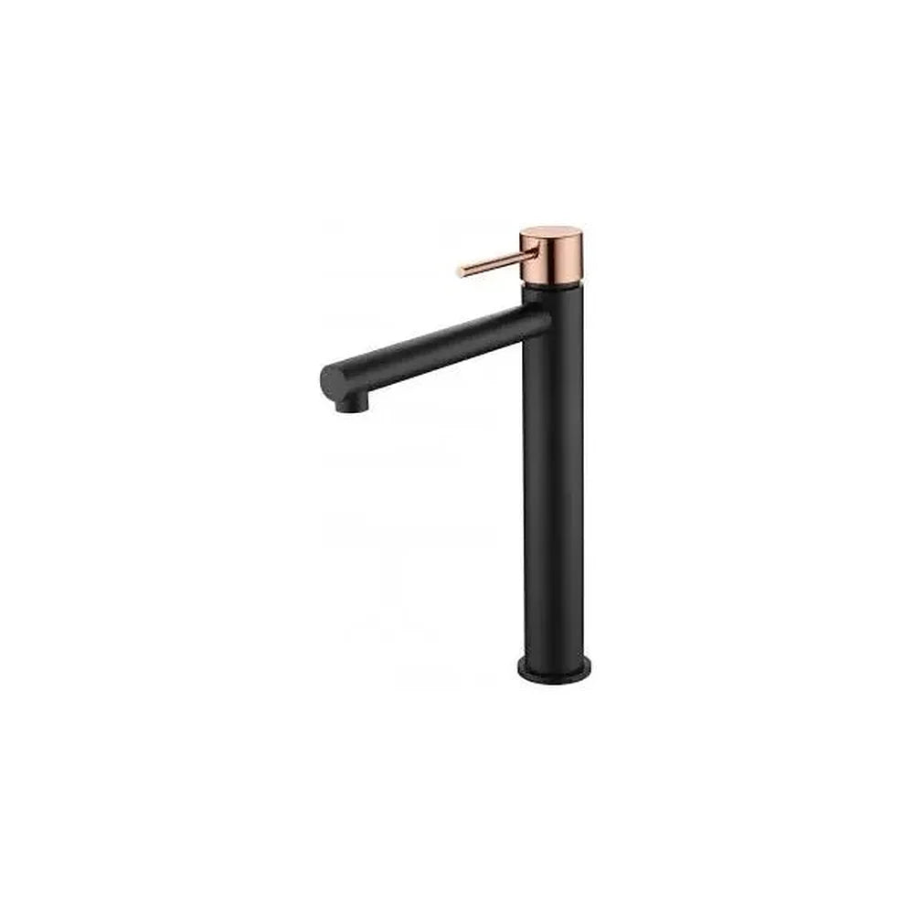 Grifo monomando para lavabo de caño alto fabricado en latón de acabado negro mate y oro rosa Stick Milos de Imex Imex