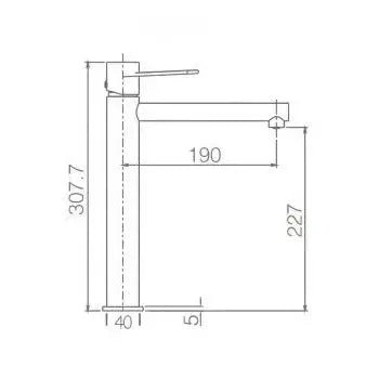 Plano de medidas y cotas técnicas de Grifo monomando para lavabo de caño alto fabricado en latón de acabado negro mate y...
