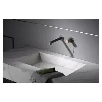 Detalle de funcionamiento de Grifo monomando para lavabo empotrado de acabado gris mate y champagne Line de Imex