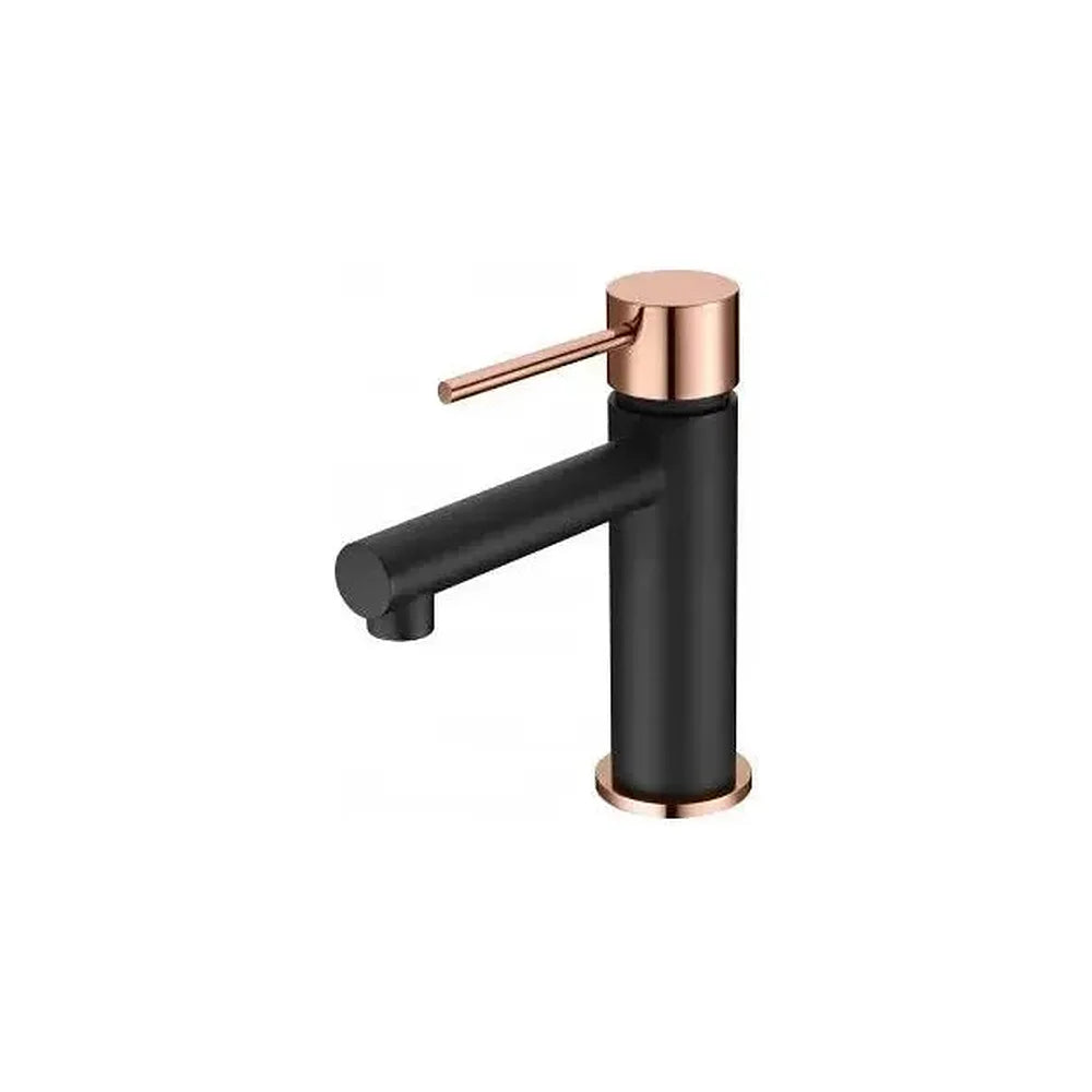Grifo monomando para lavabo fabricado en latón con discos de cerámica en color negro y oro rosa Stick Milos de Imex Imex