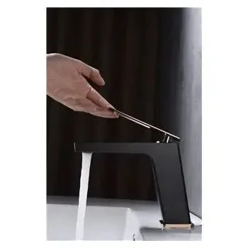 Vista principal de Grifo monomando para lavabo fabricado en latón negro y oro rosa con un caño recto Suecia de Imex