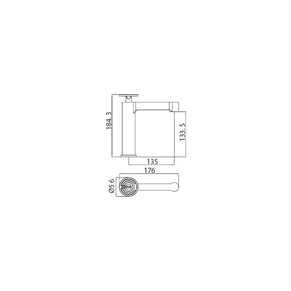 Vista lateral y perspectiva de Grifo monomando para lavabo fabricado en latón con acabado oro cepillado Olimpo de Imex
