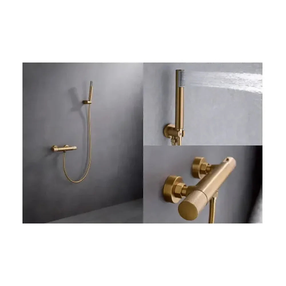 Vista principal de Grifo para ducha termostático con un diseño elegante de color oro cepillado Line de Imex