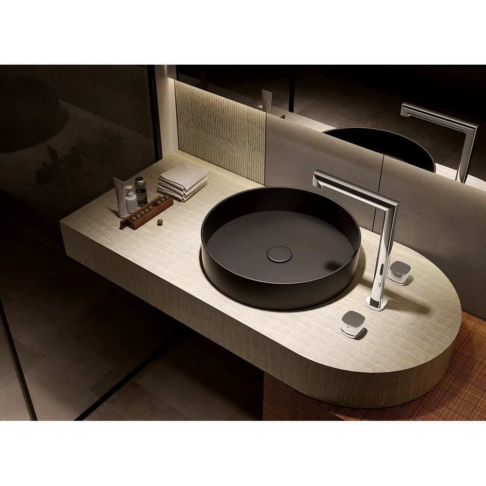 Plano o detalle técnico de Lavabo bimando sobreencimera caño alto Toscana black gun metal Imex