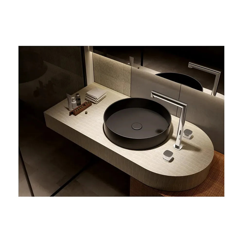 Vista trasera o instalación de Lavabo bimando sobreencimera caño alto Toscana black gun metal Imex