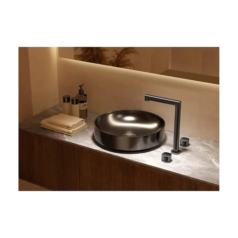 Vista trasera o instalación de Lavabo bimando sobreencimera caño alto Firenze oro cepillado Imex