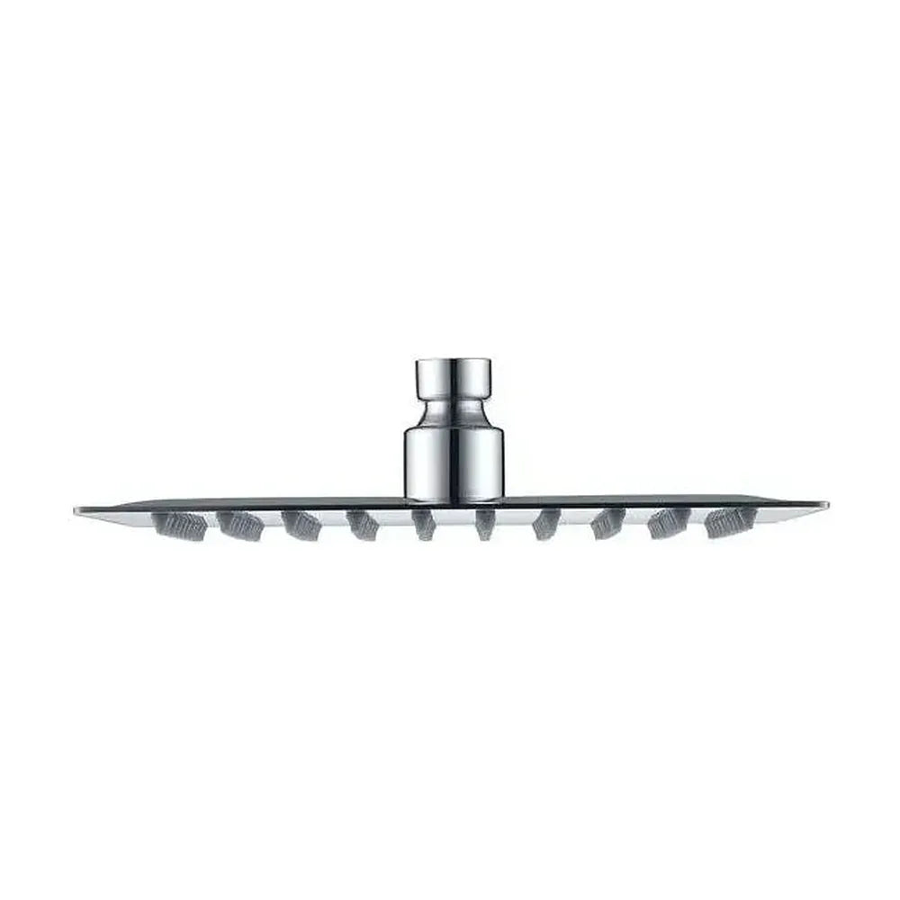 Vista lateral y perspectiva de Rociador cuadrado para ducha con un diseño extraplano fabricado en acero inoxidable 20x20...