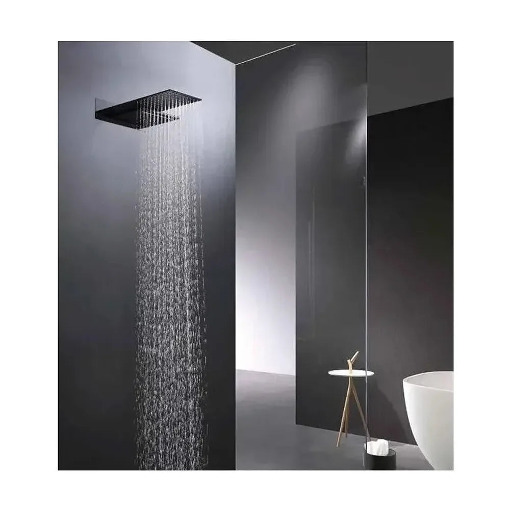 Vista lateral y perspectiva de Rociador para ducha de forma rectangular con 2 funciones de color negro mate de Imex