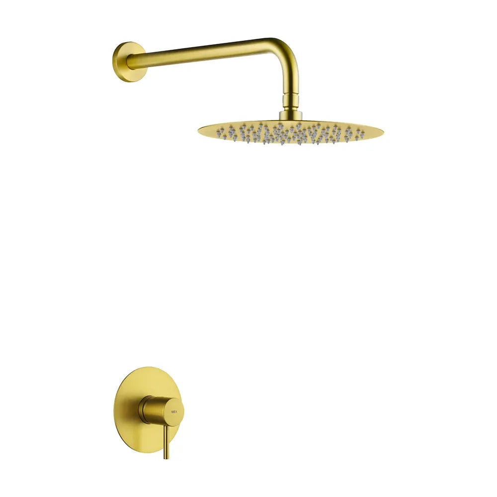 Detalle de funcionamiento de Set monomando empotrado 1 vía Monza con rociador oro cepillado Imex