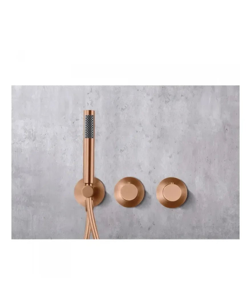 Imex Assen Ensemble de douche thermostatique encastré avec douchette murale ou au plafond, finition or rose brossé