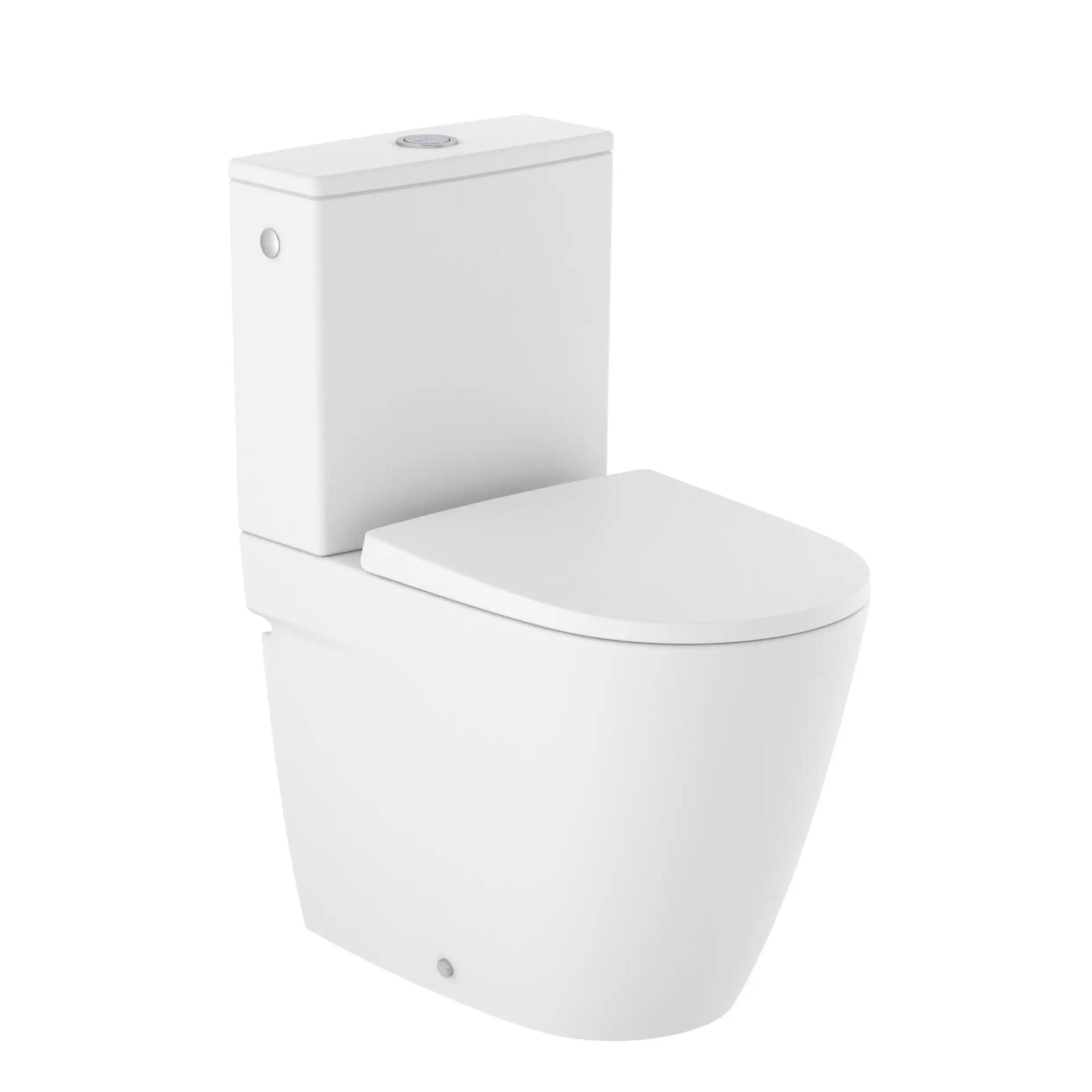 Roca Ona Rimless low ank toilet with dual outlet and wall-hung design in white finish.