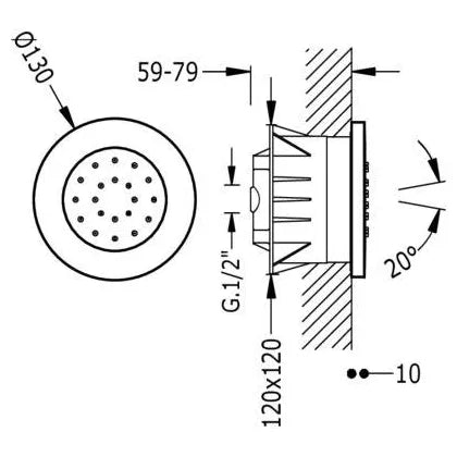 Jet empotrado de hidromasaje para ducha con acabado cromado y sistema antical de forma circular TRES 1