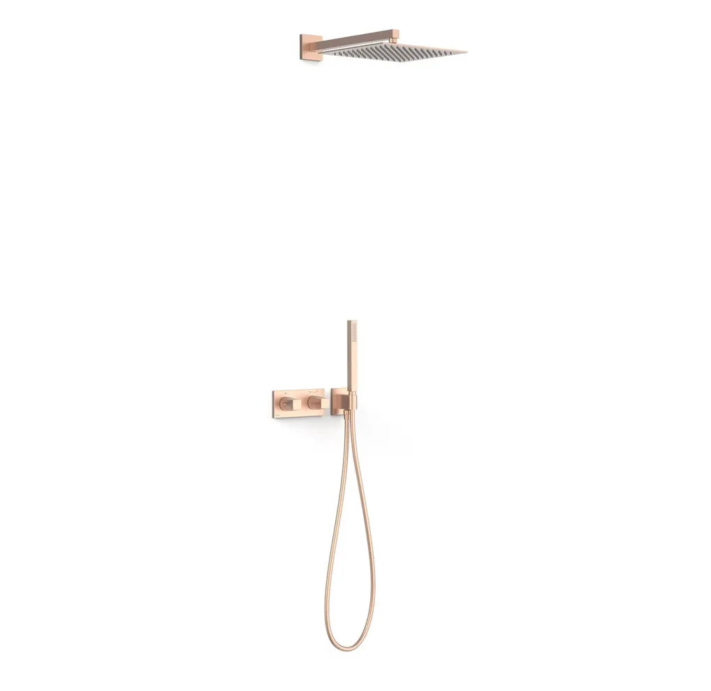 Juego de rociador de ducha con teleducha y grifo termostático con volante oro rosa mate B-SYSTEM TRES 0