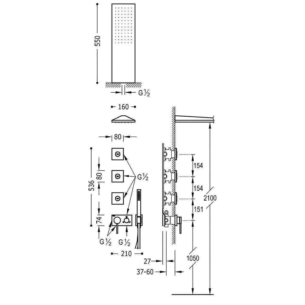 Kit de ducha con grifo monomando para empotrar fabricado en acero inoxidable con acabado cromado TRES 1