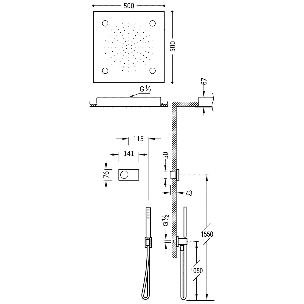 Kit de ducha con panel digital termostático y electrónico de latón con dos vías cuerpo cuadrado TRES 1