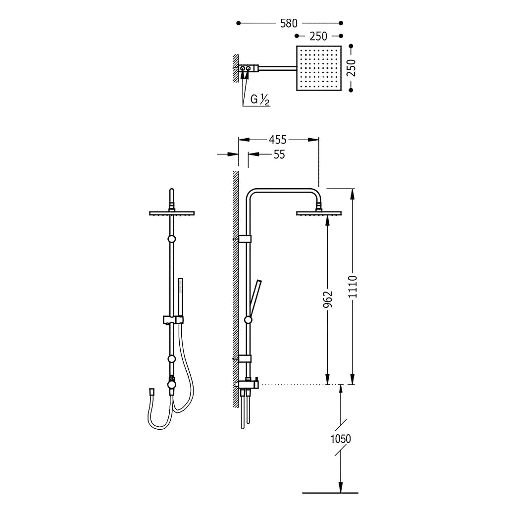 Kit de ducha de latón con acabado cromado para instalación en pared con sistema antical TRES 1