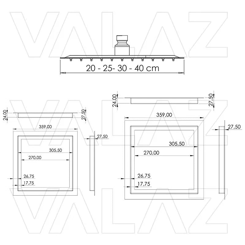 Single handle shower kit with a ceiling flush mounted shower head and square chrome finished frame Miño by Valaz