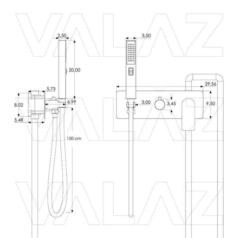 Matte black flush ceiling rain shower kit, single lever shower mixer, square frame, Miño by Valaz