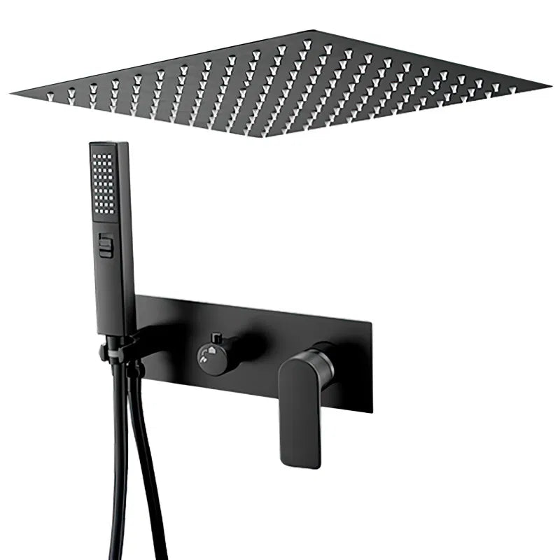 Matte black flush ceiling rain shower kit, single lever shower mixer, square frame, Miño by Valaz