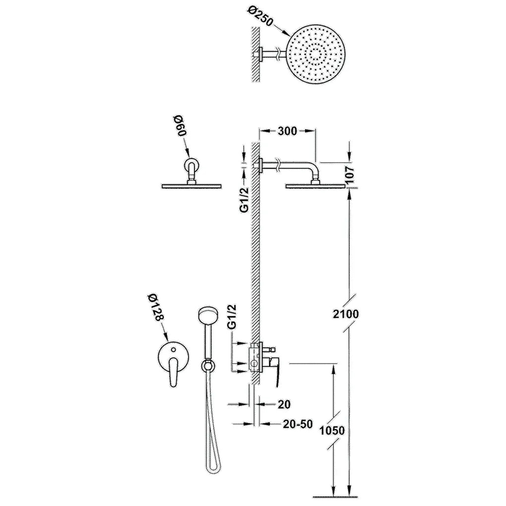 Kit de ducha para empotrar con grifo monomando de latón con acabado cromado Flat Tres 1