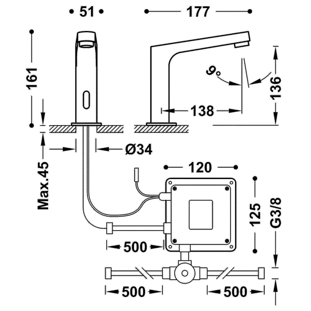 Kit de grifo electrónico con sensor infrarrojo y agua premezclada con acabado cromado Tempo Basic TRES 1