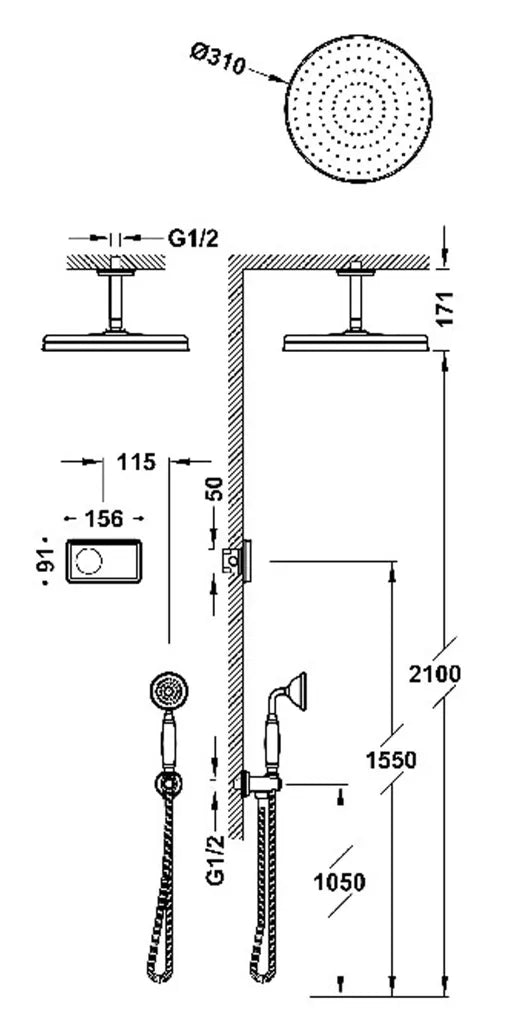 Kit de grifo termostático de dos vías para ducha con instalación empotrada Clasic Tres 1