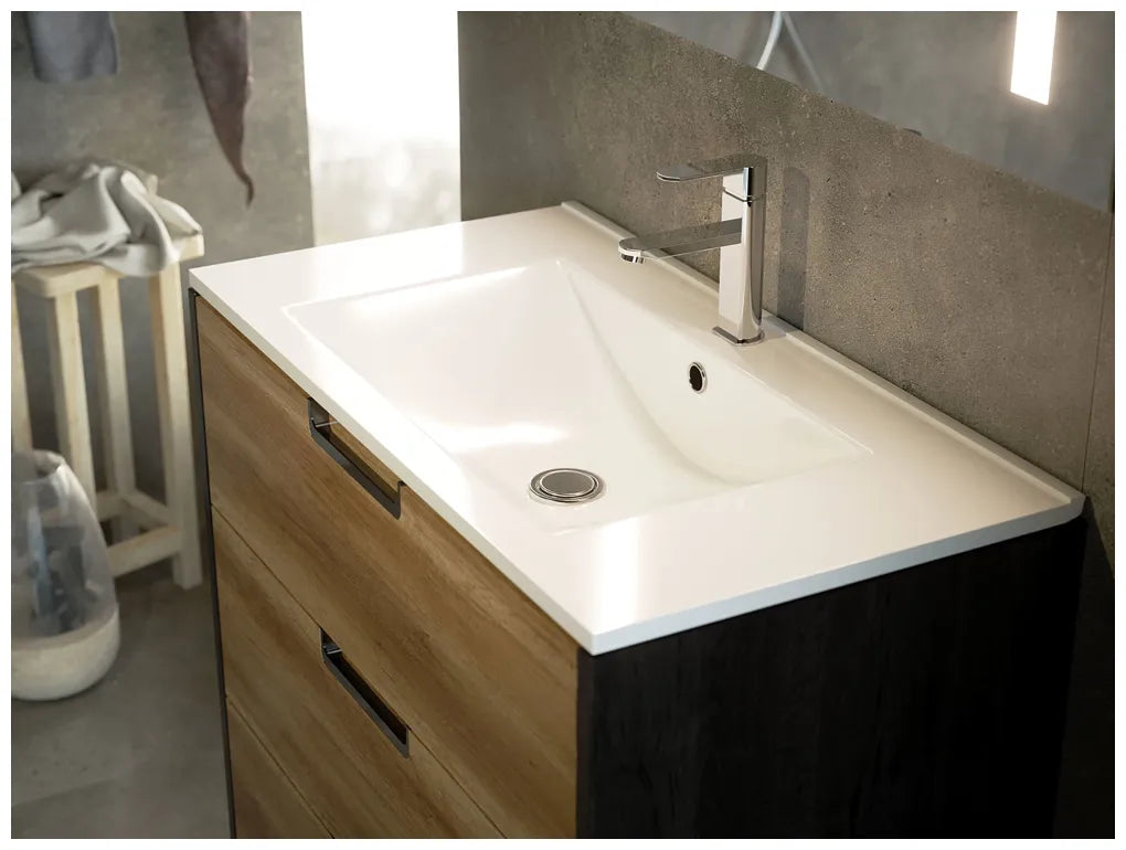 Lavabo blanco integral ceramico con seno central y rebosadero ECO de Aquore 0