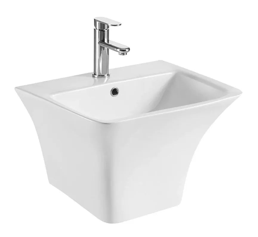Lavabo suspendido blanco de ceramica con semipedestal curvo con rebosadero Zento 53 de Aquore 0