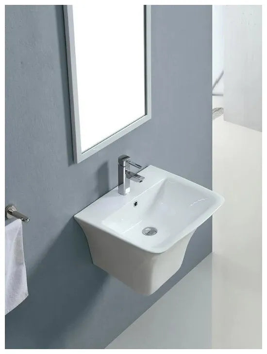 Lavabo suspendido blanco de ceramica con semipedestal curvo con rebosadero Zento 53 de Aquore 1