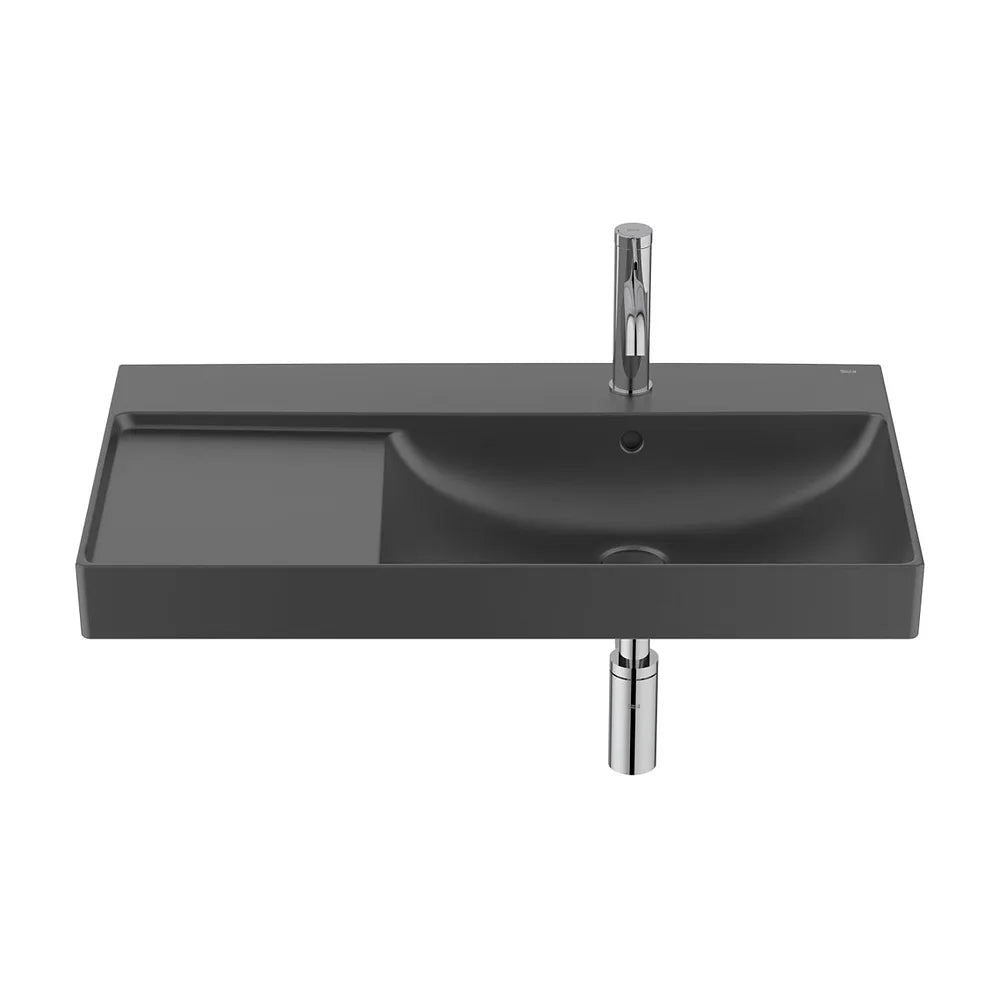 Lavabo asimétrico mural 80x46x16 cm con cubeta derecha y repisa izquierda negro mate Roca - Vista 2