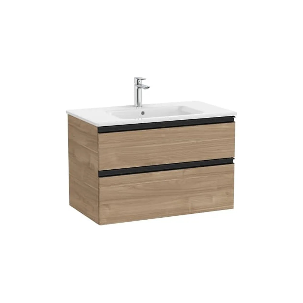 Mueble base suspendido con lavabo centrado dos cajones nogal 80x46x54 cm Roca - Vista 1