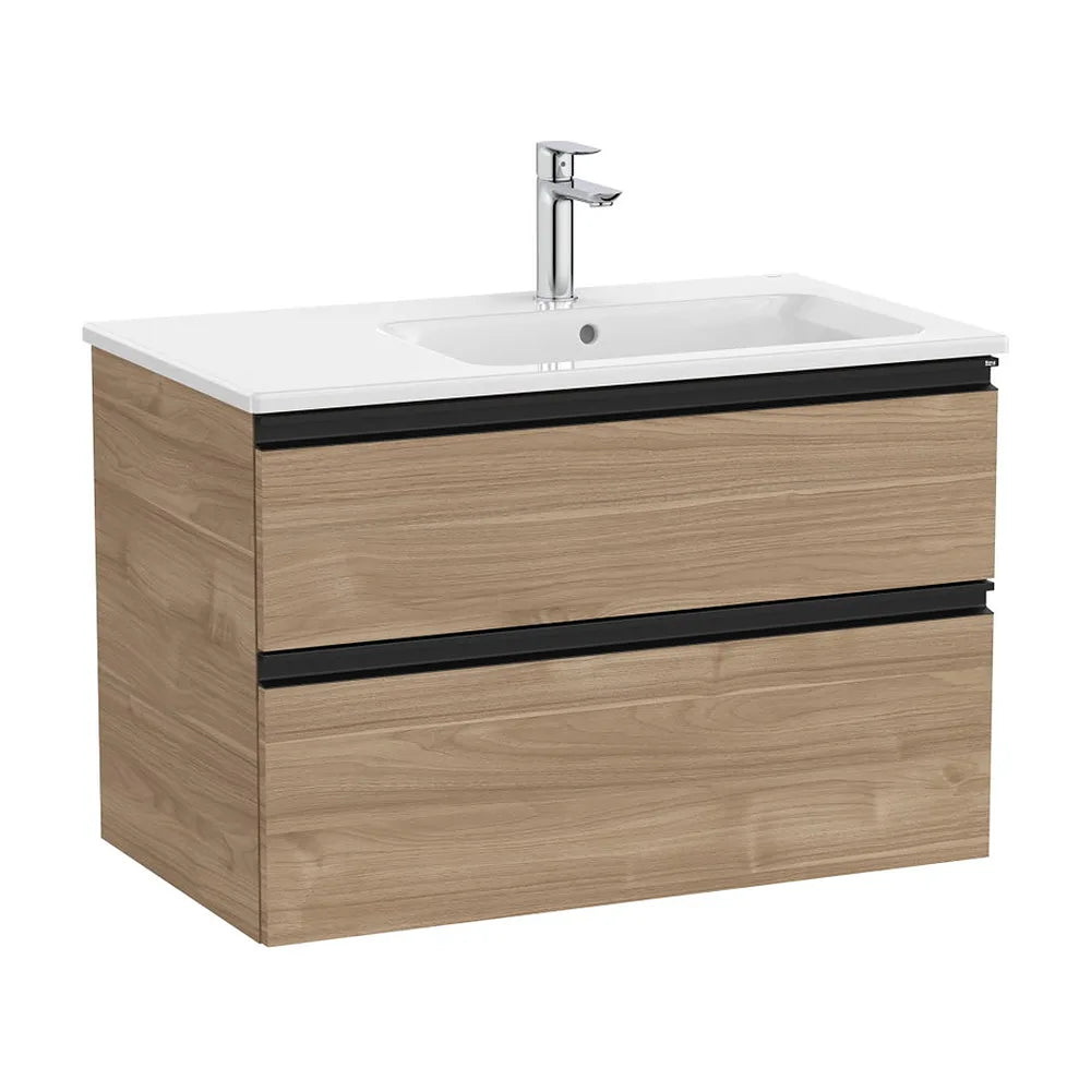 Mueble Base Suspendido con Lavabo a la Derecha 2 Cajones Nogal 80x46x54cm Colección The Gap Roca - Vista 2