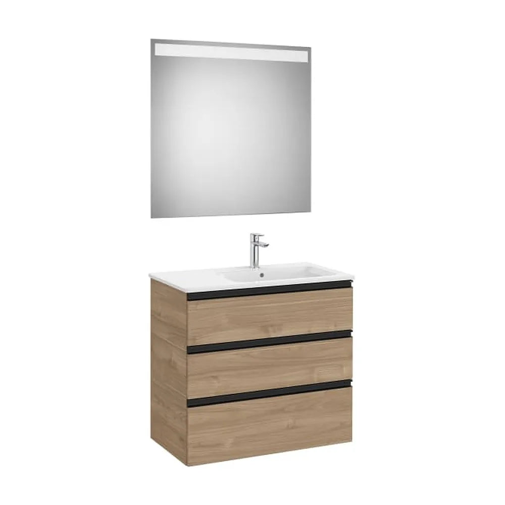 Pack mueble base tres cajones lavabo derecha espejo LED 80x46x76 cm Nogal Roca - Vista 1